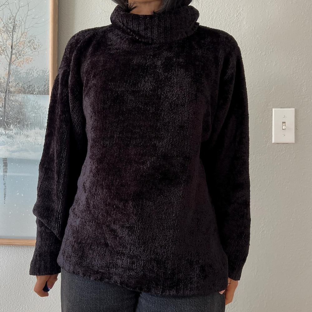 Vintage 90s Chenille Turtleneck Sweater Black Plush Cozy Minimalist Pullover - Picture 4 of 14